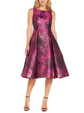 Adrianna Papell Magenta and Black Jacquard Floral Midi Dress Size 14